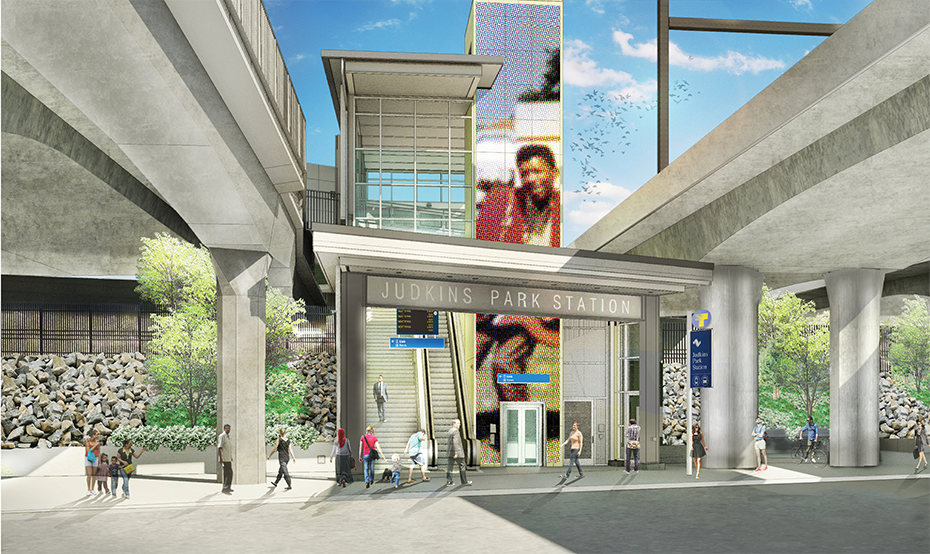 This image rendering is of the west entrance of Judkins Park Station.