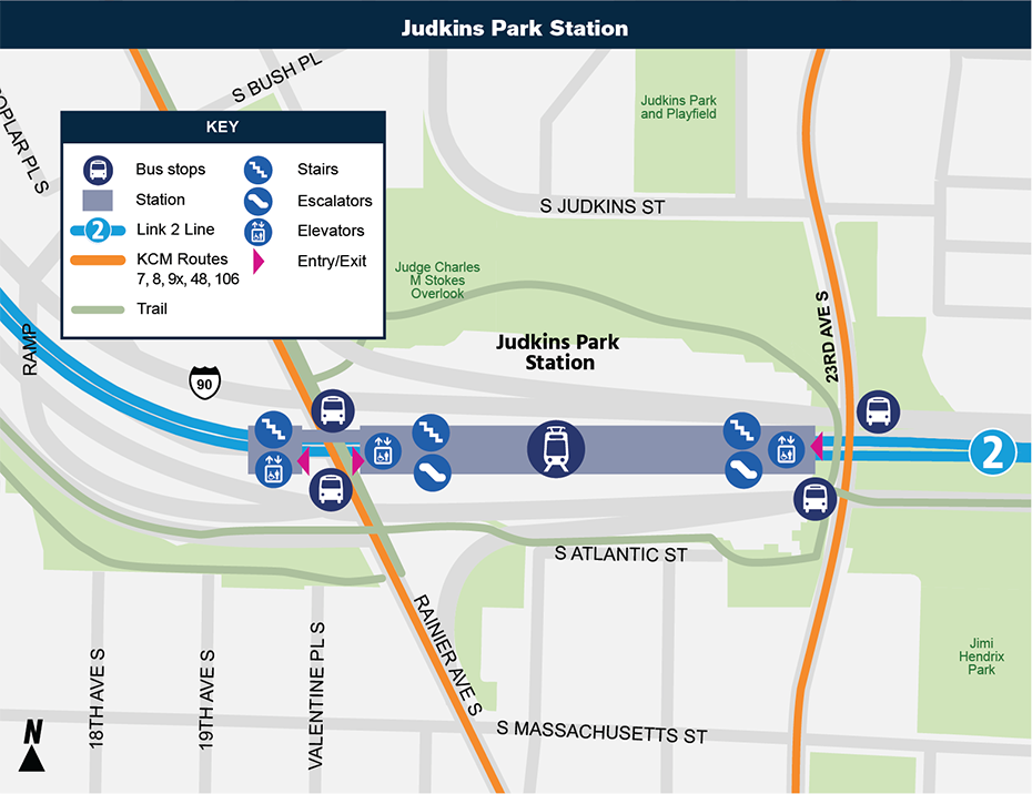 此示意图显示 Judkins Park Station 相对于周边社区的位置，标出了相邻的街道、公交车站以及拟议服务的待开通的线路。