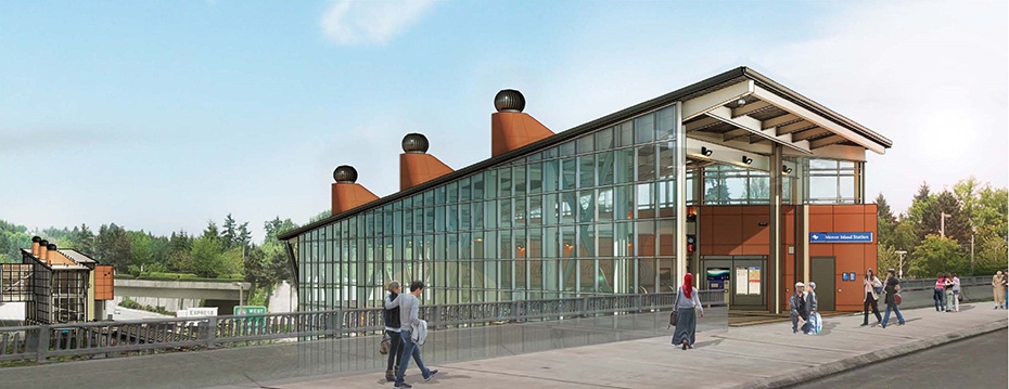 This image rendering is of the elevated east entrance of Mercer Island Station.