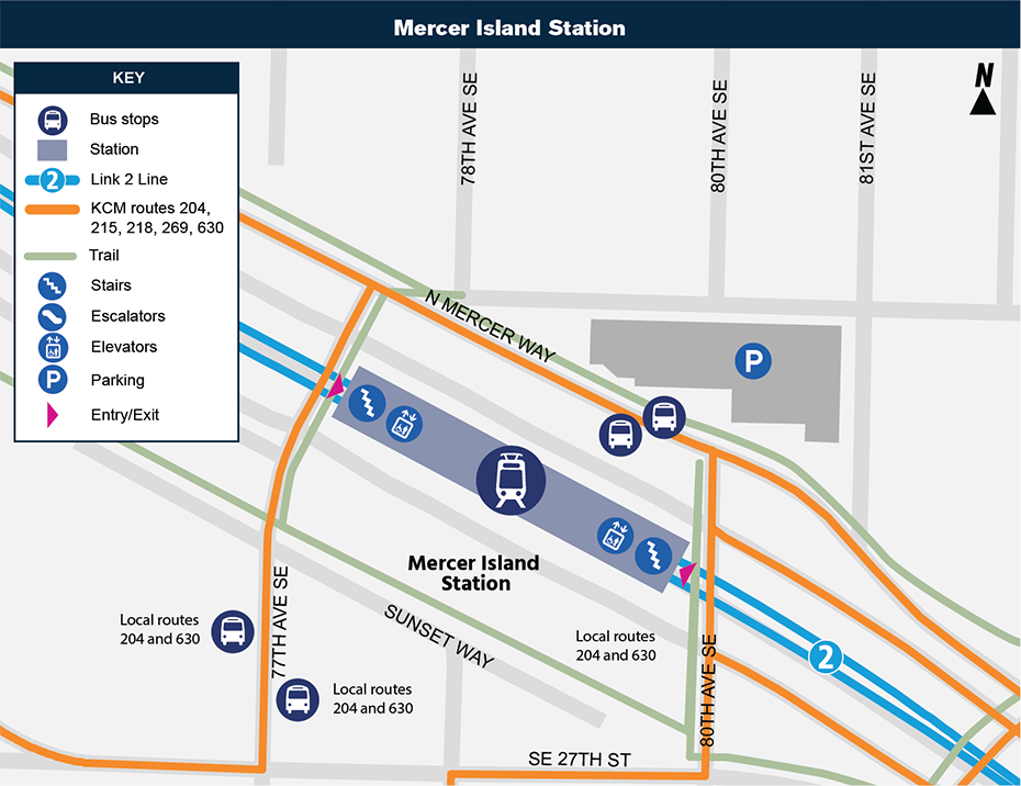 यह साइट नक्शा Mercer Island स्टेशन व इसके आसपास के स्थान को दिखाता है, समीपवर्ती सड़कों, बस स्टॉप और प्रस्तावित मार्गों को दर्शाता है जो इसके खुलने पर इसको सेवा देंगे।