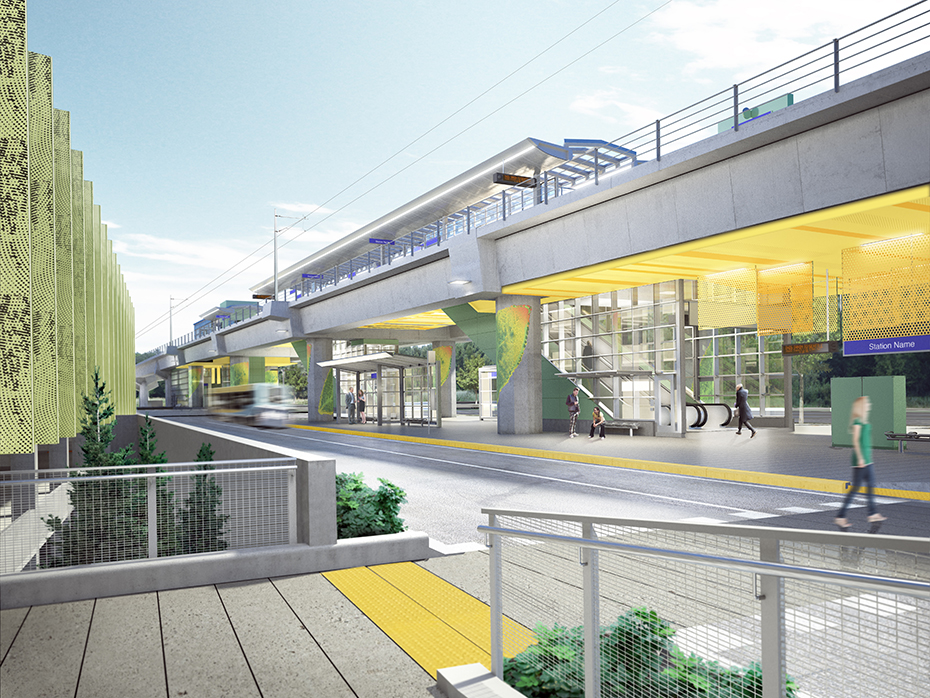 This image rendering is of the South Bellevue Station entrance facing the bus loop.
