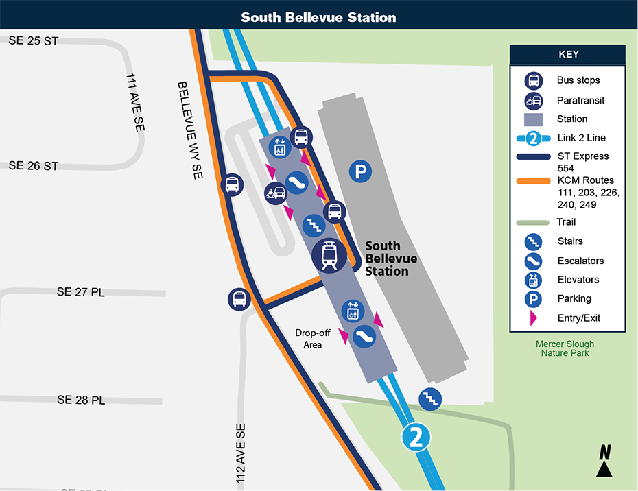 यह साइट नक्शा South Bellevue स्टेशन व इसके आसपास के स्थान को दिखाता है, समीपवर्ती सड़कों, बस स्टॉप और प्रस्तावित मार्गों को दर्शाता है जो इसके खुलने पर इसको सेवा देंगे।
