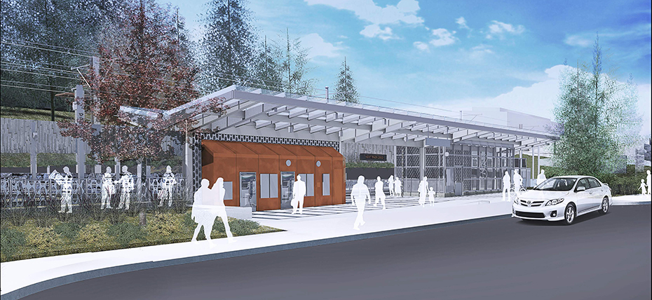 This image rendering is of the East Main Station facing the north plaza entrance.