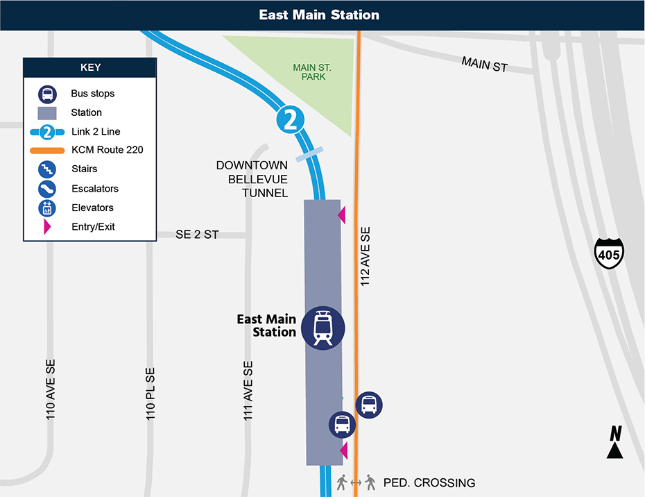 此示意图显示了East Main站相对于周边社区的位置，标出了邻近的街道、公交车站以及拟议服务的待开通的线路。