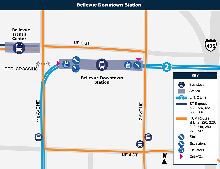 此示意图显示了Bellevue Downtown站相对于周边社区的位置，标出了邻近的街道、公交车站以及拟议服务的待开通的线路。