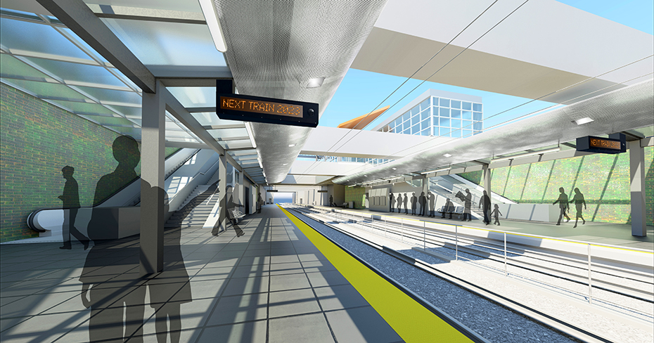 Esta imagen virtual es de la plataforma en la estación Spring District/120th.