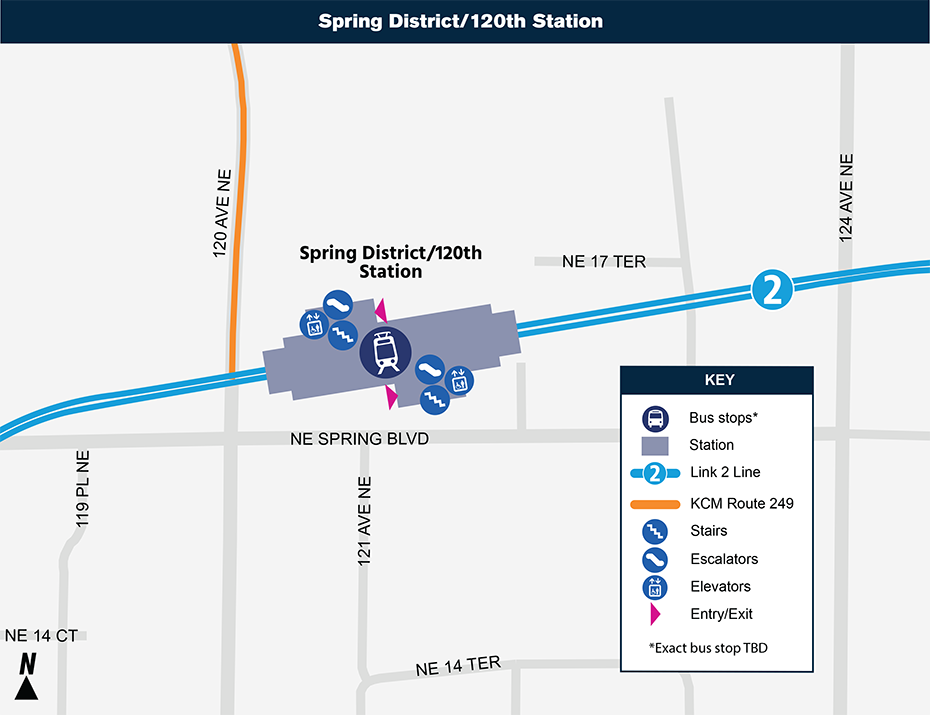 Bản đồ địa điểm này cho thấy vị trí của Ga Spring District /120th đối với khu phố xung quanh, nêu ra các đường phố lân cận, trạm xe buýt và lộ trình được đề nghị sẽ phục vụ khi mở cửa.