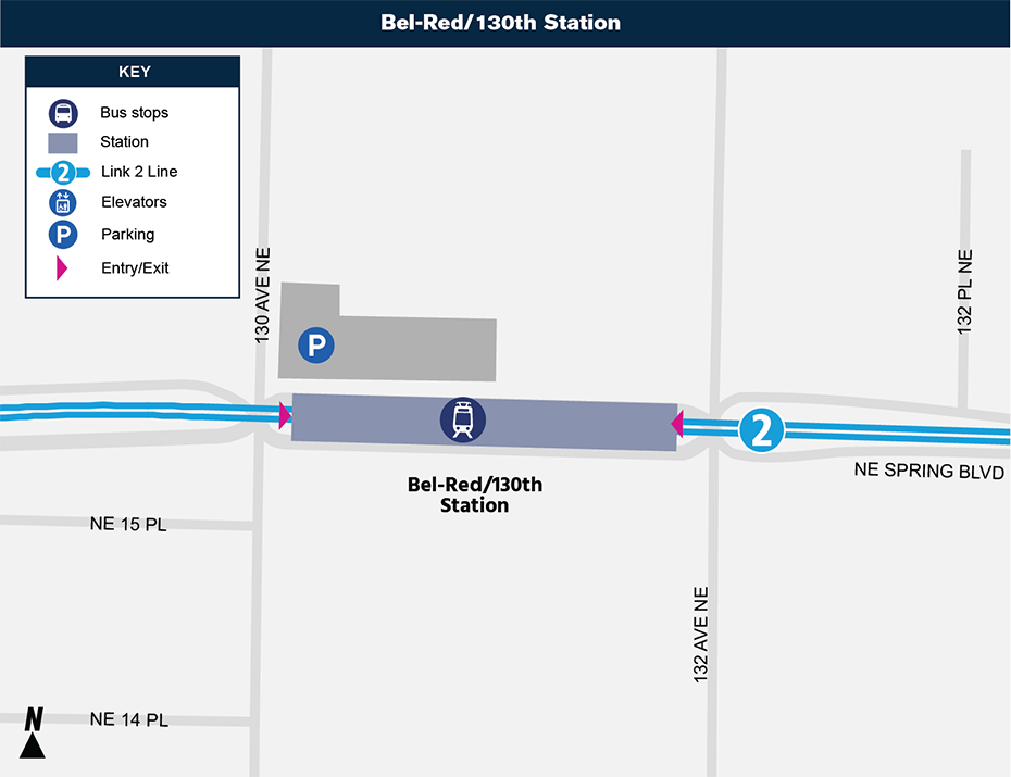 此示意图显示了Bel-Red/130th 站相对于周边社区的位置，标出了邻近的街道、公交车站以及拟议服务的待开通的线路。