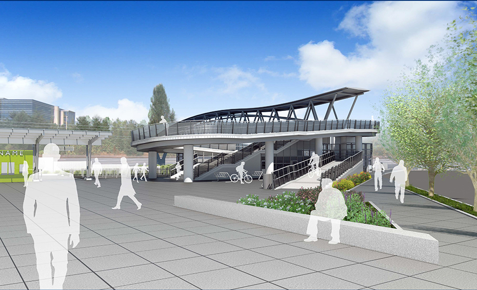 Itong image rendering ay ang pangunahing plaza sa Overlake Village Station.