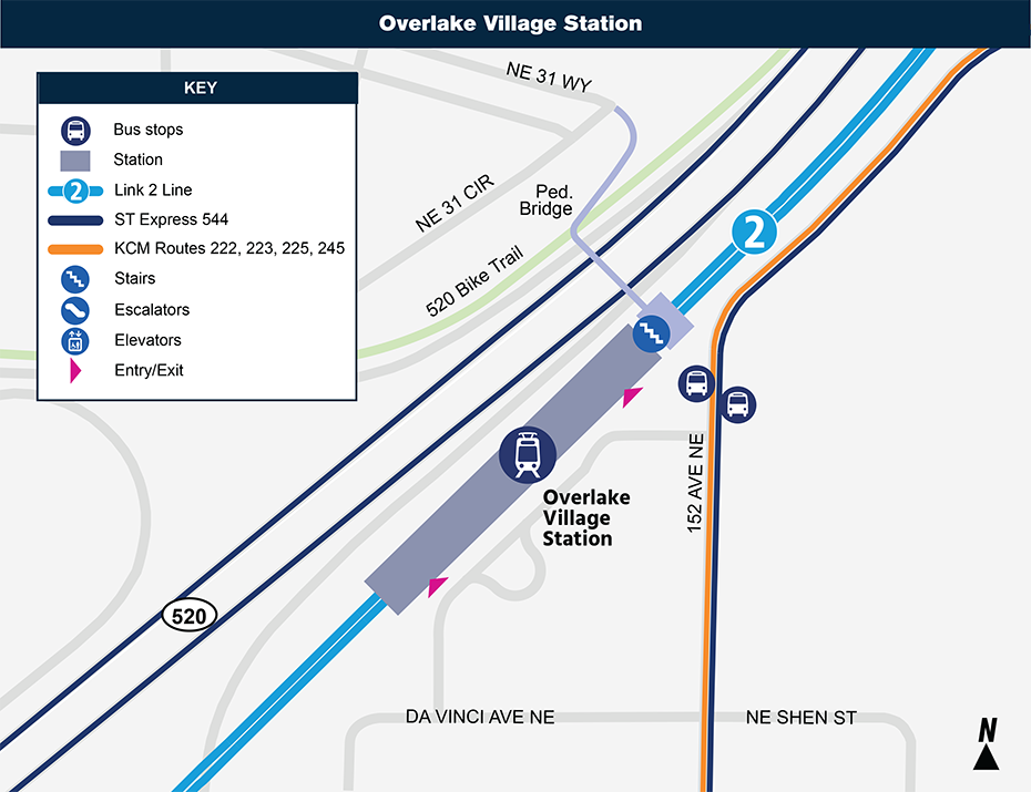此垂直循环图显示了乘客如何从车站入口到达Overlake Village站的列车月台。地图还包括如何连接到人行天桥入口。