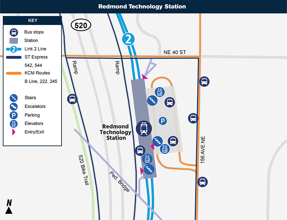 此示意图显示了Redmond Technology站相对于周边社区的位置，标出了邻近的街道、公交车站以及拟议服务的待开通的线路。