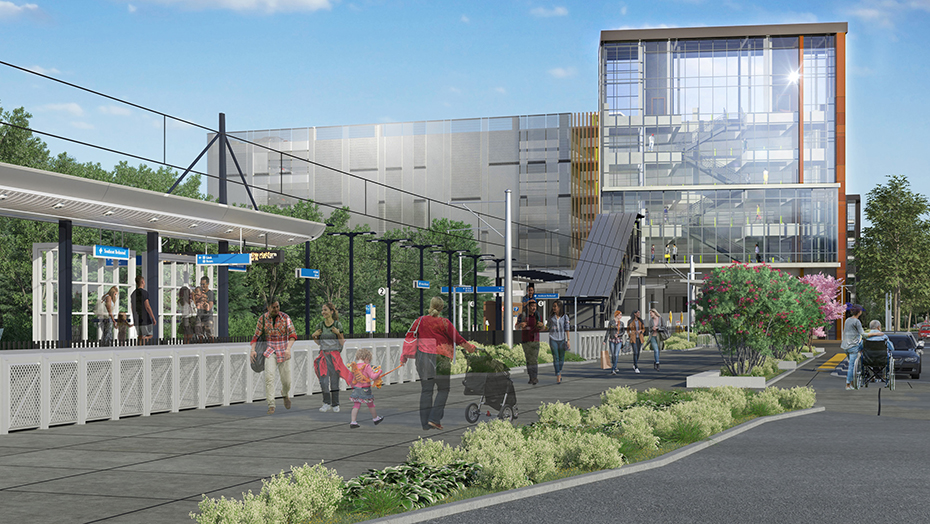 Esta imagen virtual corresponde a la entrada oeste de la estación Downtown Redmond.