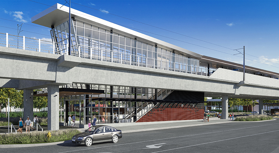 This image rendering is of the west entry to the Downtown Redmond station.