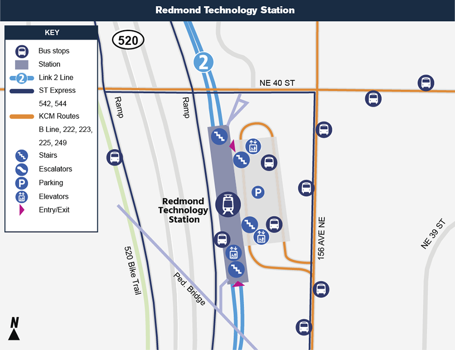 This site map shows the location of Redmond Technology Station in relation to the surrounding neighborhood, calling out the adjacent streets, bus stops and proposed routes that will be serving it when it opens.