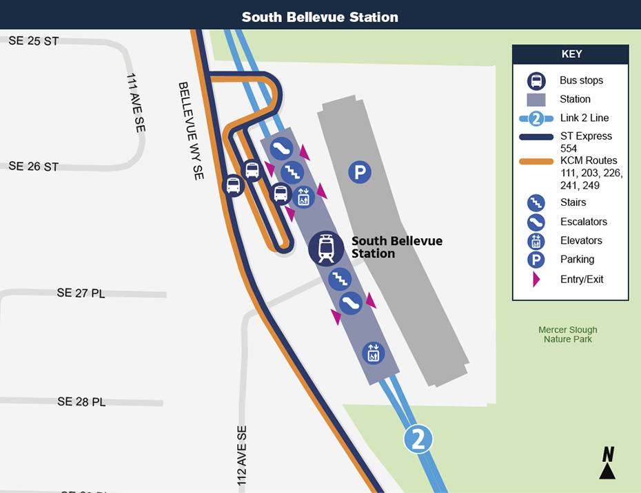 This site map shows the location of South Bellevue Station in relation to the surrounding neighborhood, calling out the adjacent streets, bus stops and proposed routes that will be serving it when it opens.